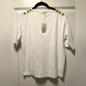 Nic and Zoe White V-Neck Top with Gold Shoulder Buttons- NWT